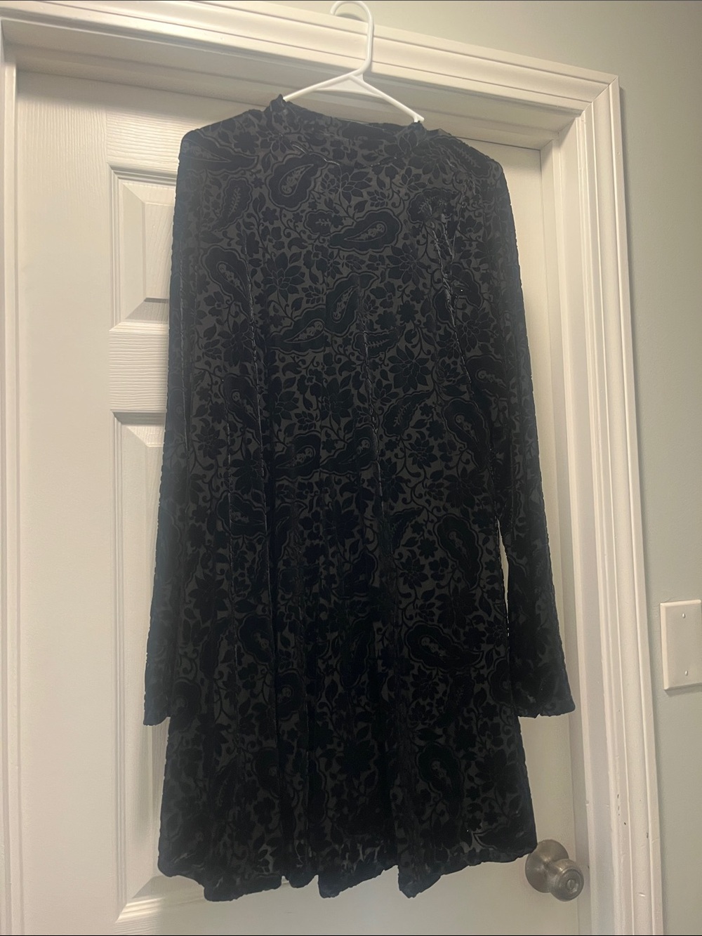 Black Velvet Patterned Long Sleeve Mini Dress  With black slip under the dress